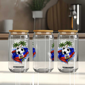 Haitian Flag Soccer Ball Graphic Glass Can Tropical Palm Trees Caribbean Haiti Football Fans Pride