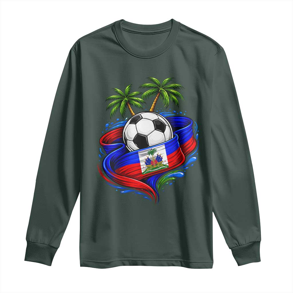 Haitian Flag Soccer Ball Graphic Long Sleeve Shirt Tropical Palm Trees Caribbean Haiti Football Fans Pride