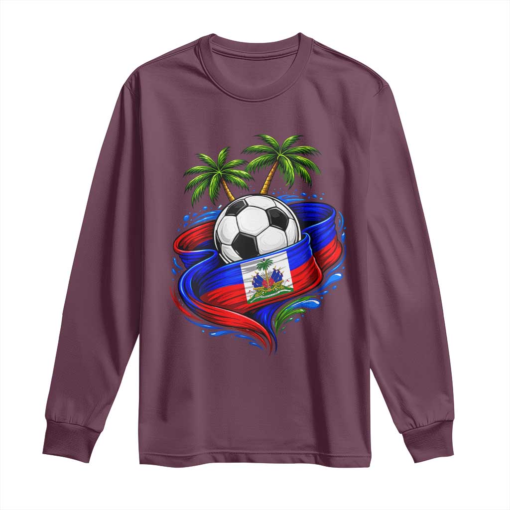 Haitian Flag Soccer Ball Graphic Long Sleeve Shirt Tropical Palm Trees Caribbean Haiti Football Fans Pride