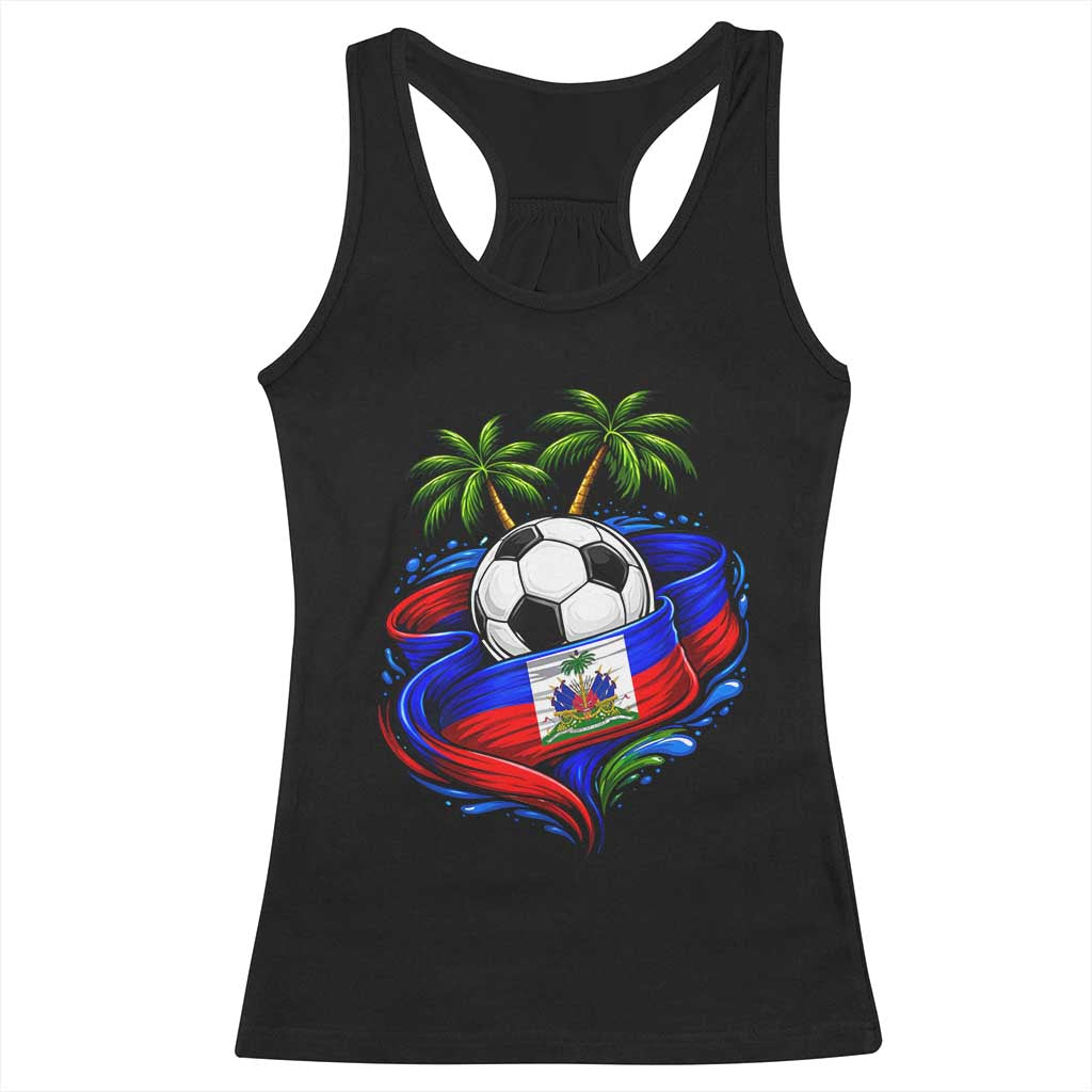Haitian Flag Soccer Ball Graphic Racerback Tank Top Tropical Palm Trees Caribbean Haiti Football Fans Pride