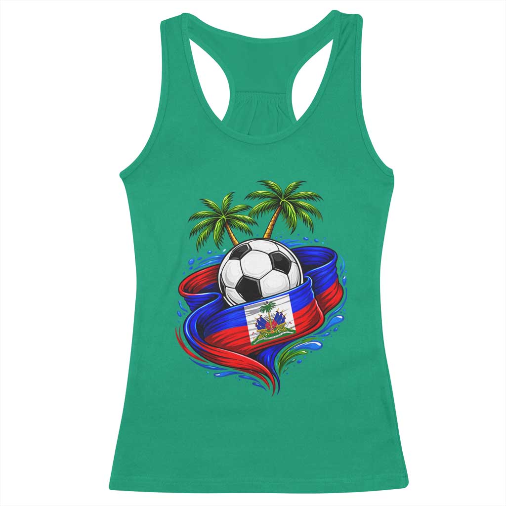 Haitian Flag Soccer Ball Graphic Racerback Tank Top Tropical Palm Trees Caribbean Haiti Football Fans Pride