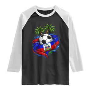 Haitian Flag Soccer Ball Graphic Raglan Shirt Tropical Palm Trees Caribbean Haiti Football Fans Pride