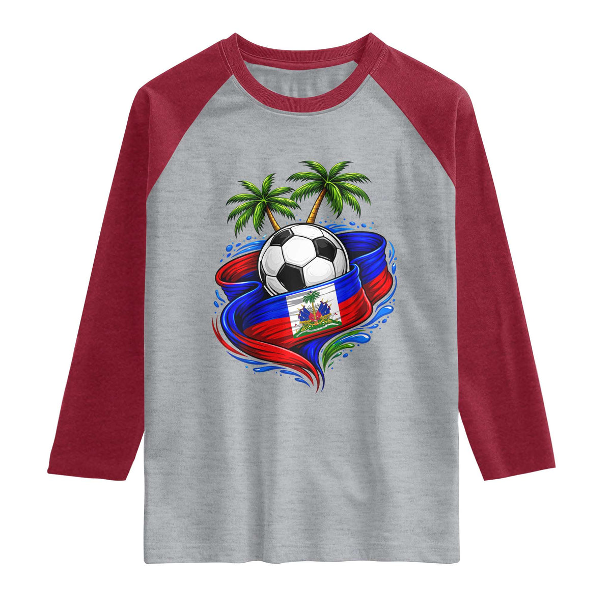 Haitian Flag Soccer Ball Graphic Raglan Shirt Tropical Palm Trees Caribbean Haiti Football Fans Pride