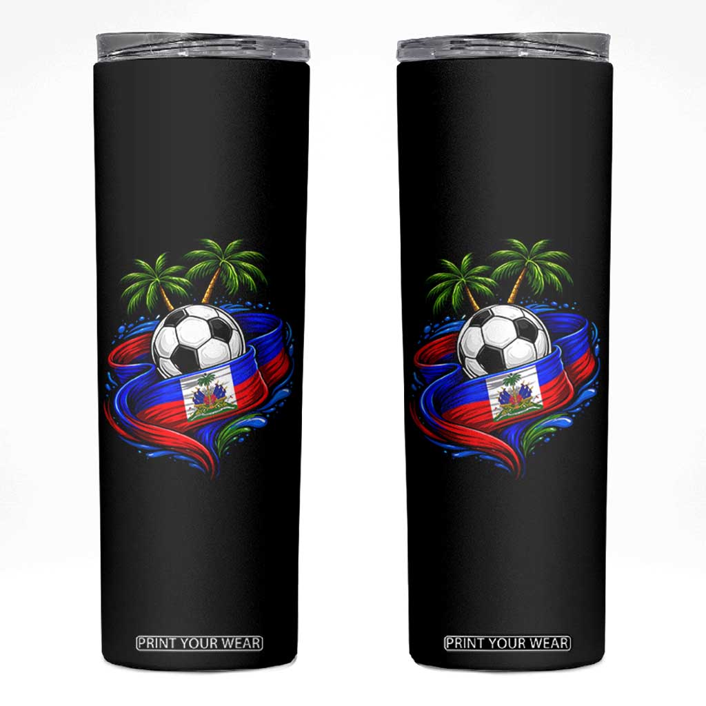 Haitian Flag Soccer Ball Graphic Skinny Tumbler Tropical Palm Trees Caribbean Haiti Football Fans Pride