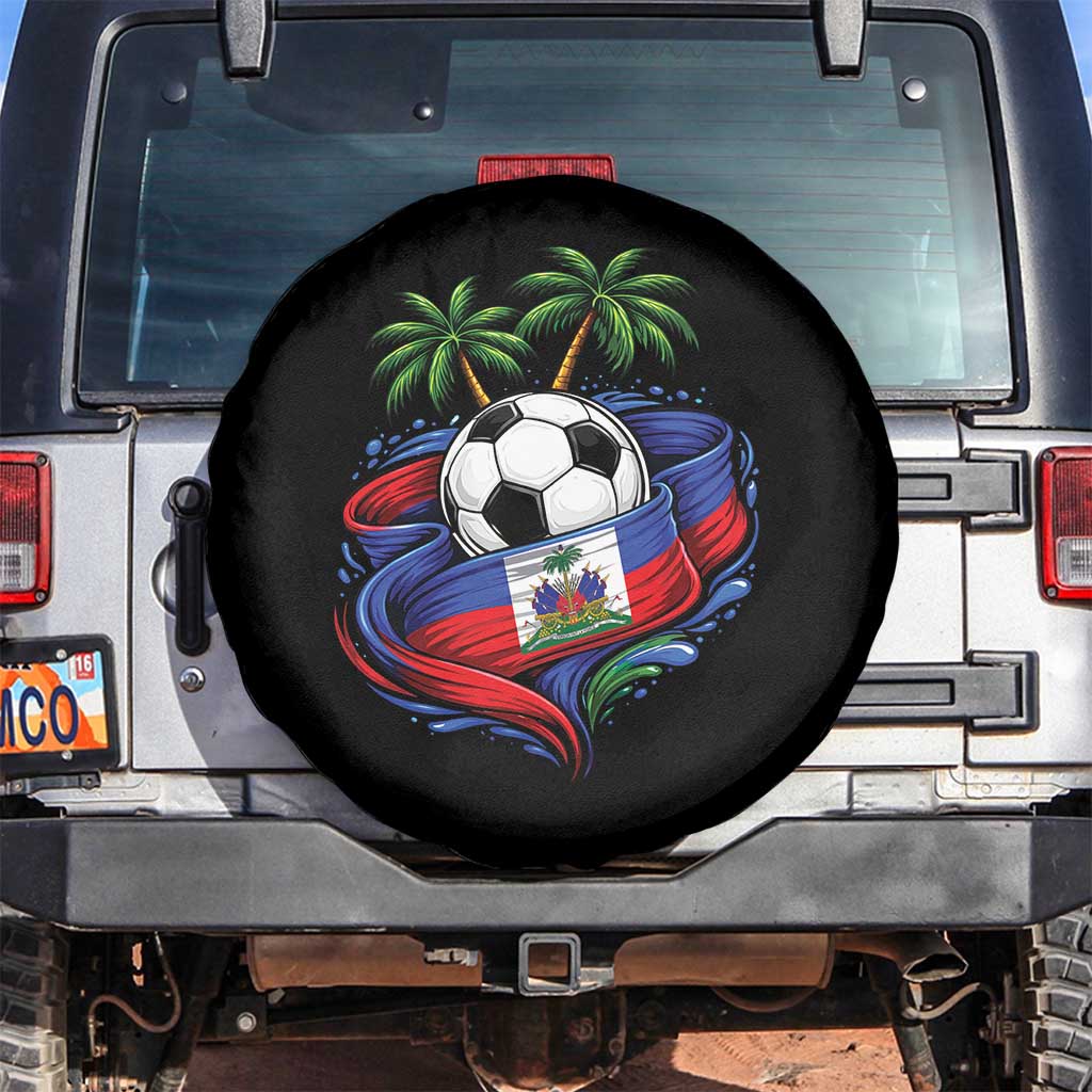 Haitian Flag Soccer Ball Graphic Spare Tire Cover Tropical Palm Trees Caribbean Haiti Football Fans Pride TS02 No hole Black Print Your Wear