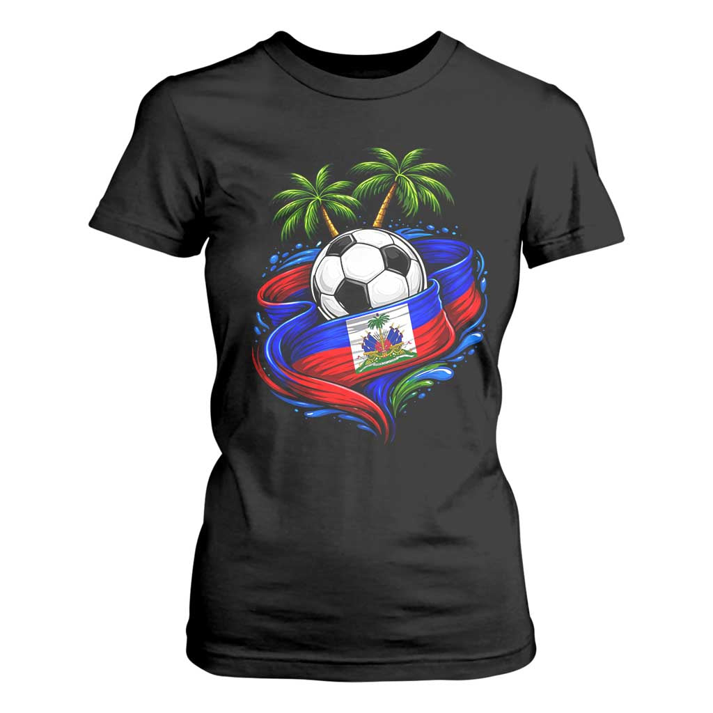 Haitian Flag Soccer Ball Graphic T Shirt For Women Tropical Palm Trees Caribbean Haiti Football Fans Pride