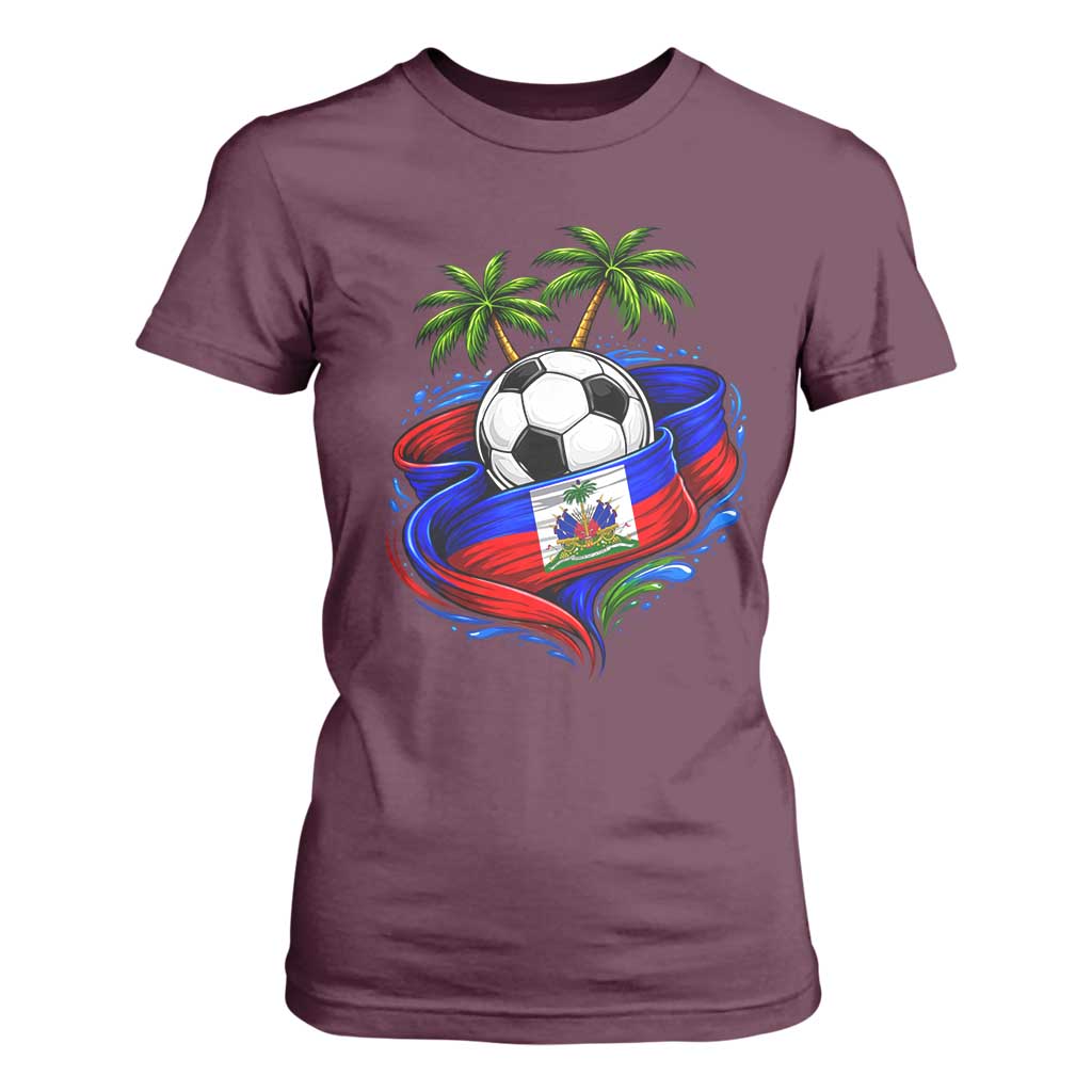 Haitian Flag Soccer Ball Graphic T Shirt For Women Tropical Palm Trees Caribbean Haiti Football Fans Pride