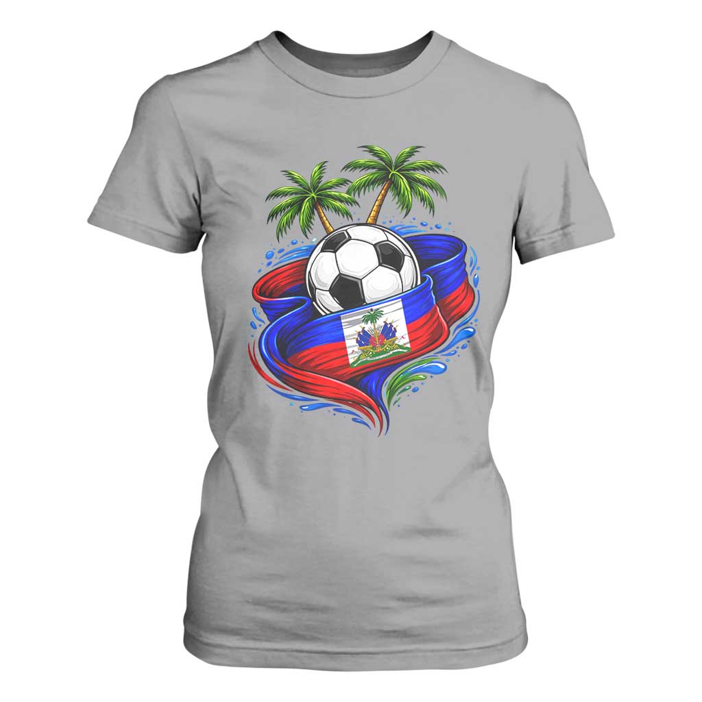 Haitian Flag Soccer Ball Graphic T Shirt For Women Tropical Palm Trees Caribbean Haiti Football Fans Pride