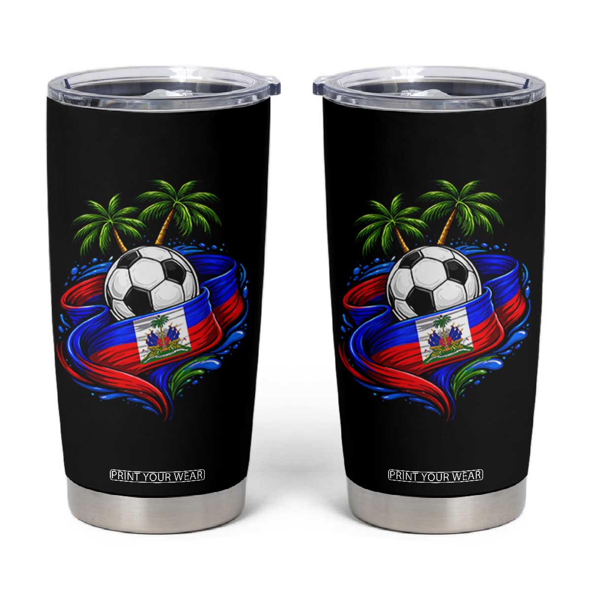 Haitian Flag Soccer Ball Graphic Tumbler Cup Tropical Palm Trees Caribbean Haiti Football Fans Pride