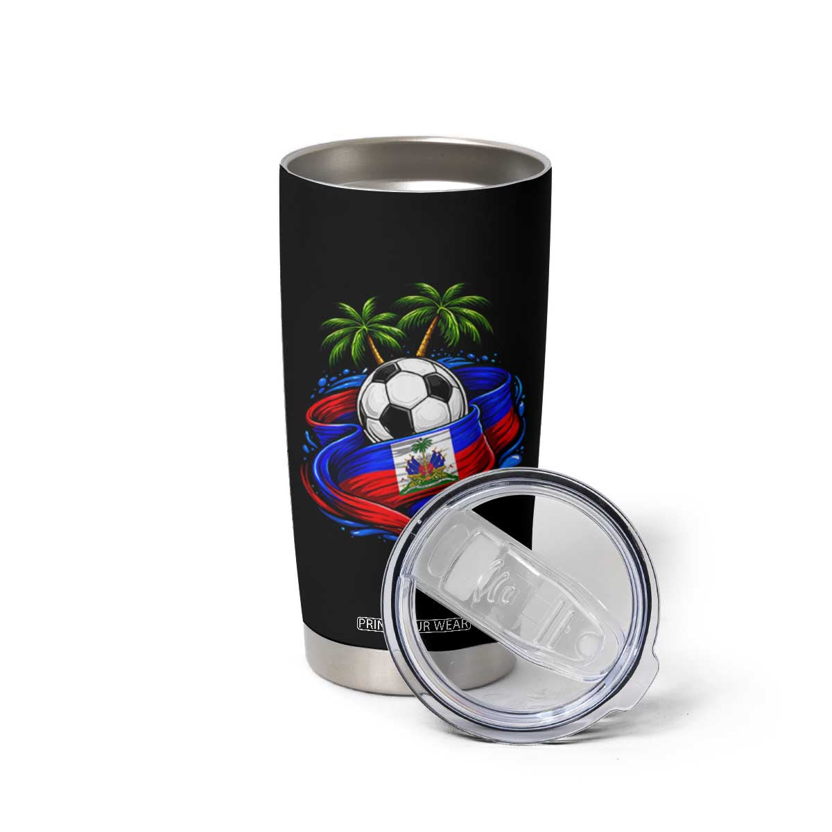 Haitian Flag Soccer Ball Graphic Tumbler Cup Tropical Palm Trees Caribbean Haiti Football Fans Pride