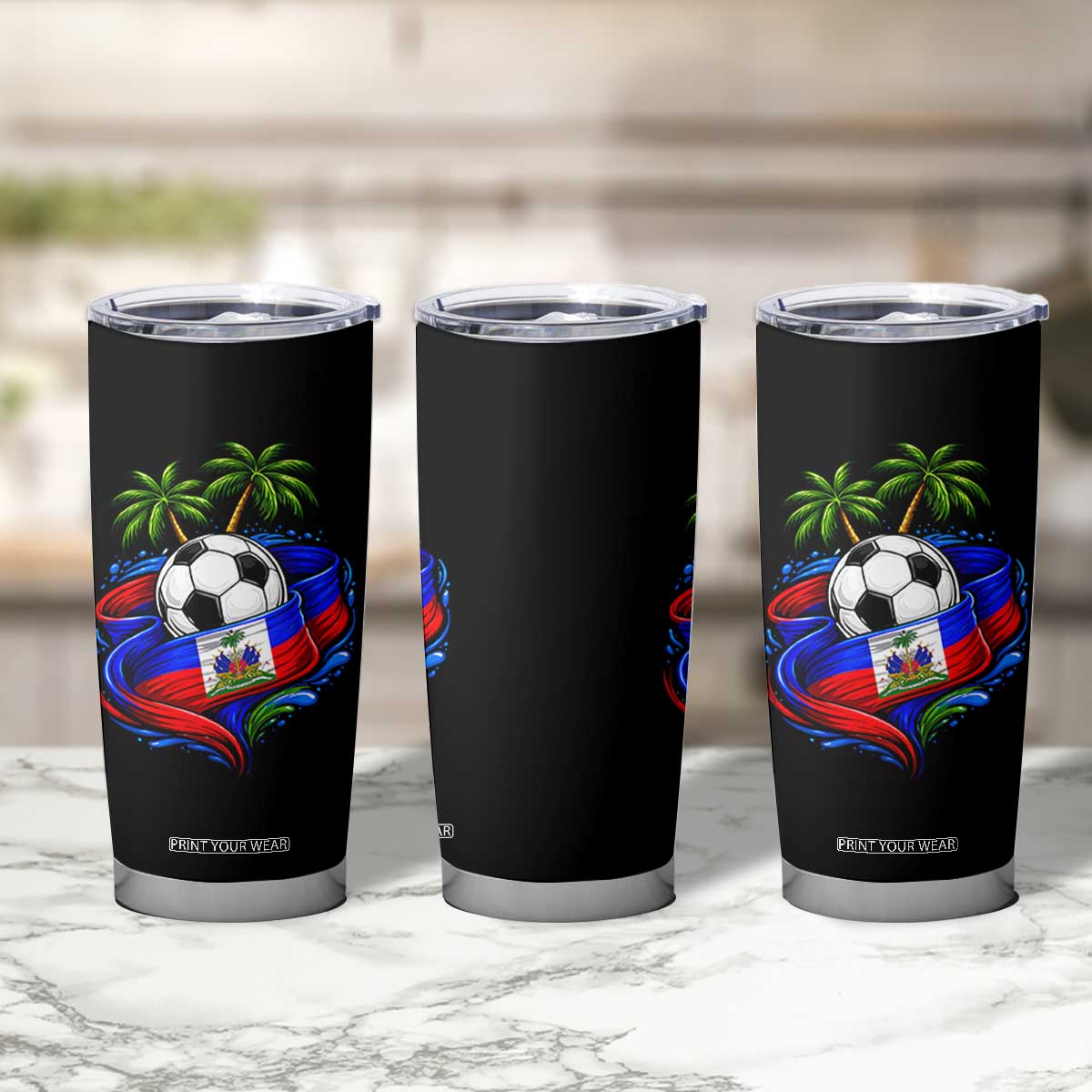 Haitian Flag Soccer Ball Graphic Tumbler Cup Tropical Palm Trees Caribbean Haiti Football Fans Pride