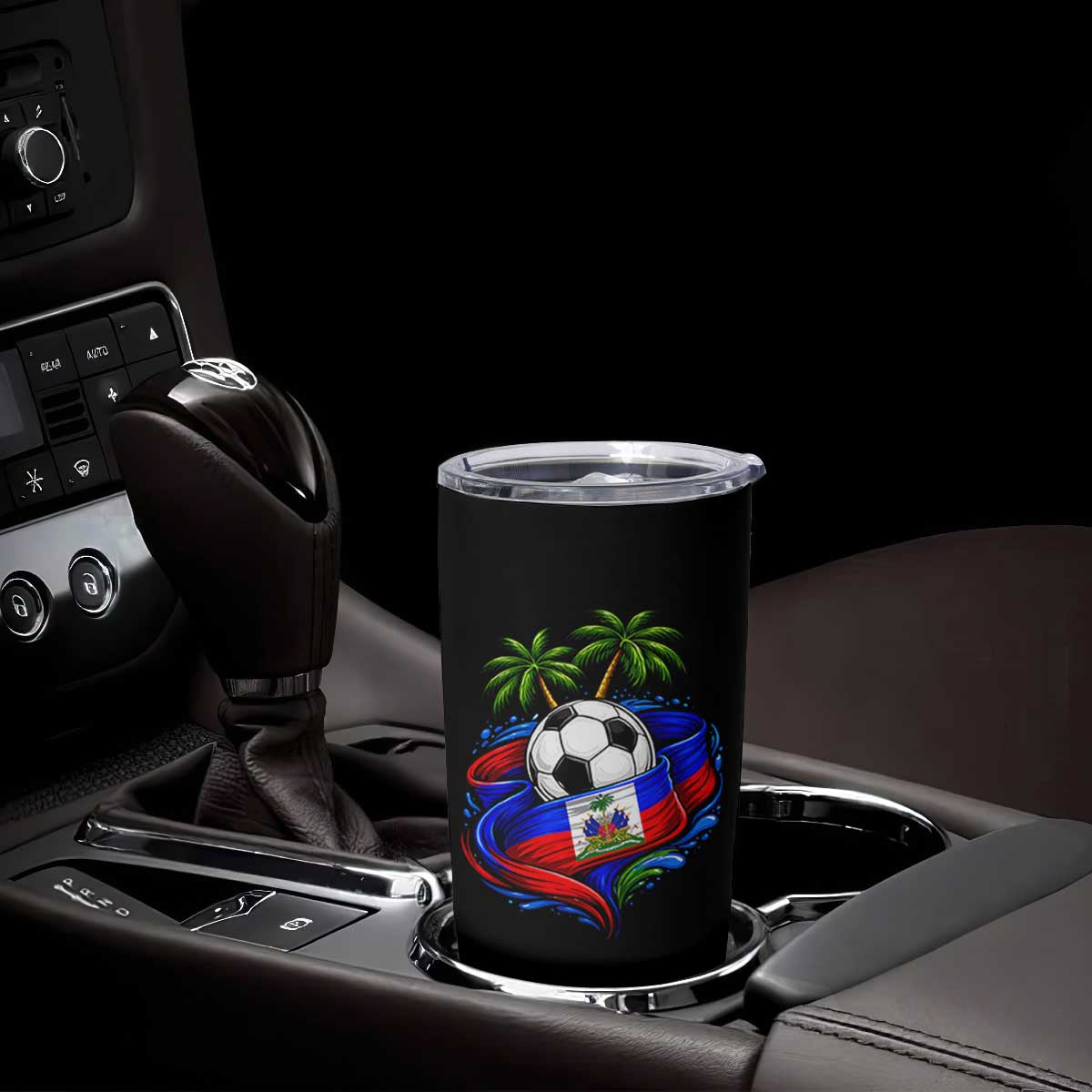 Haitian Flag Soccer Ball Graphic Tumbler Cup Tropical Palm Trees Caribbean Haiti Football Fans Pride