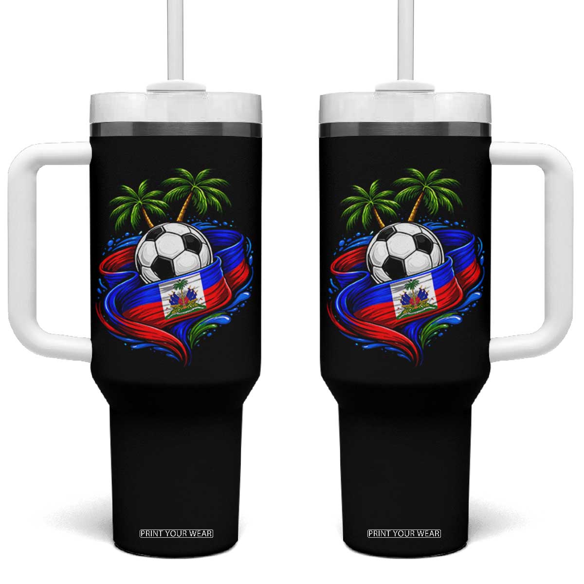 Haitian Flag Soccer Ball Graphic Tumbler With Handle Tropical Palm Trees Caribbean Haiti Football Fans Pride TS02 One Size: 40 oz Black Print Your Wear