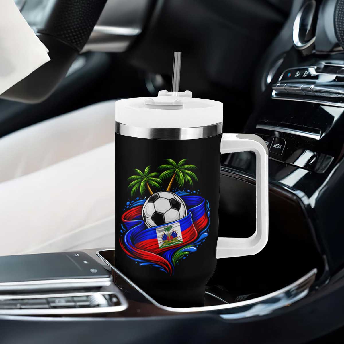 Haitian Flag Soccer Ball Graphic Tumbler With Handle Tropical Palm Trees Caribbean Haiti Football Fans Pride