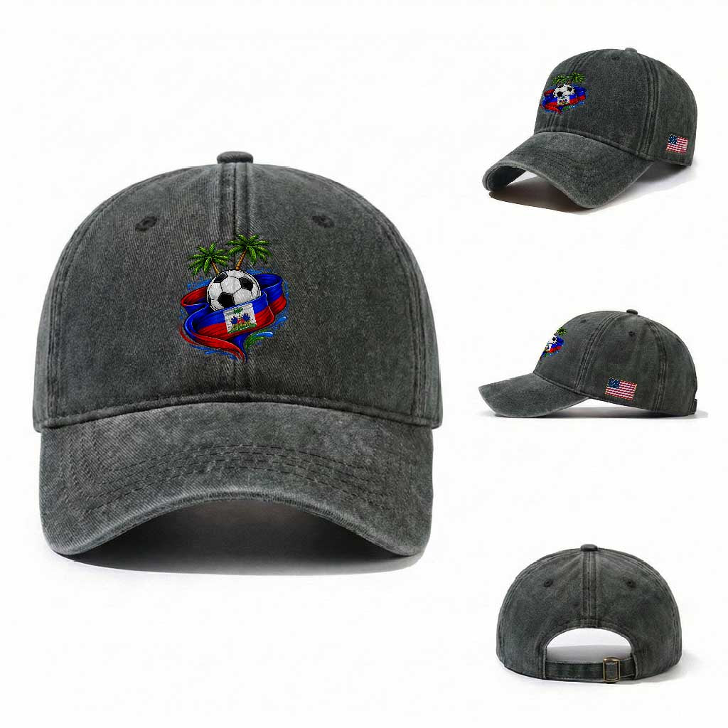 Haitian Flag Soccer Ball Graphic Washed Cotton Baseball Cap Tropical Palm Trees Caribbean Haiti Football Fans Pride