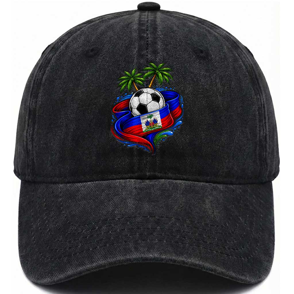 Haitian Flag Soccer Ball Graphic Washed Cotton Baseball Cap Tropical Palm Trees Caribbean Haiti Football Fans Pride TS02 Print Your Wear