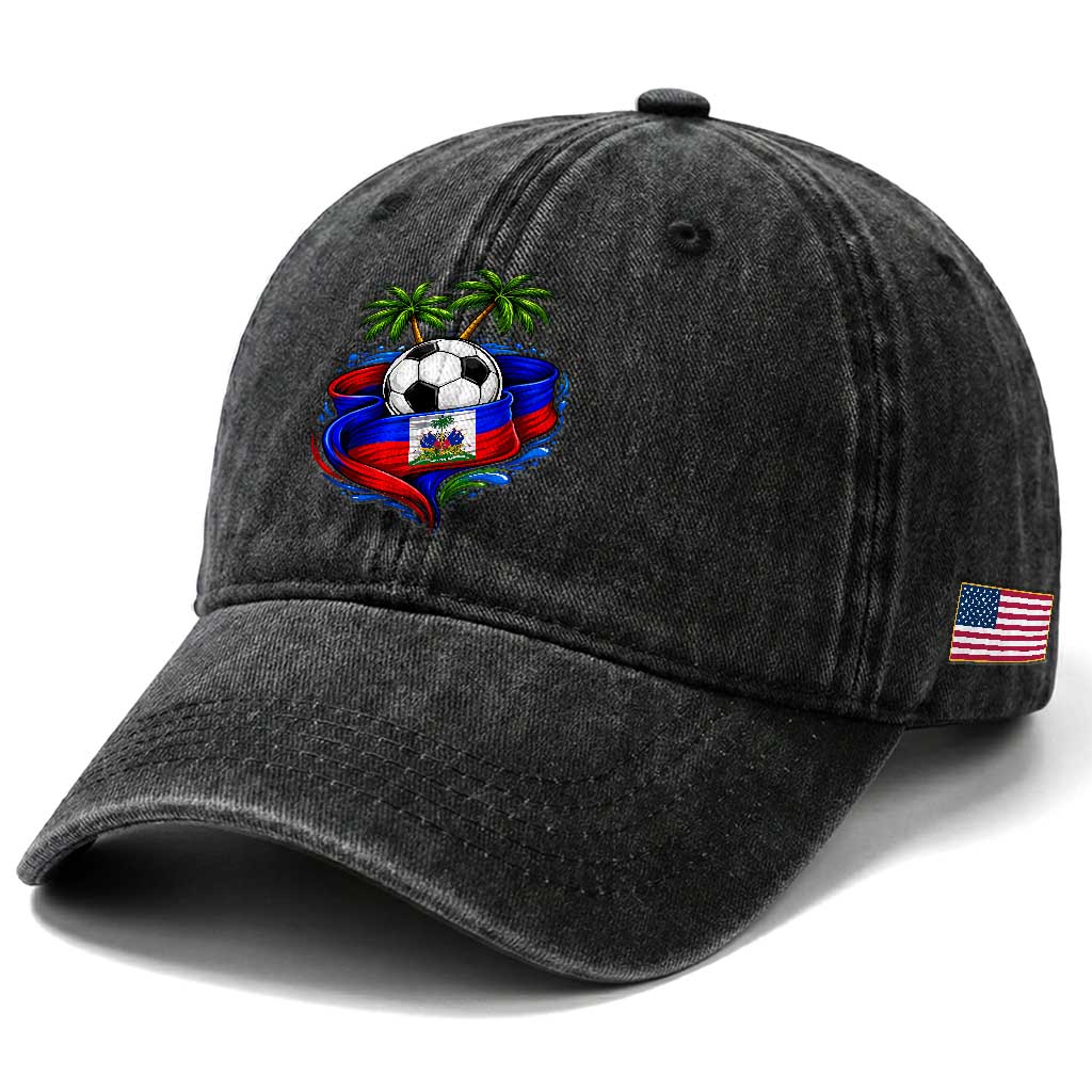 Haitian Flag Soccer Ball Graphic Washed Cotton Baseball Cap Tropical Palm Trees Caribbean Haiti Football Fans Pride