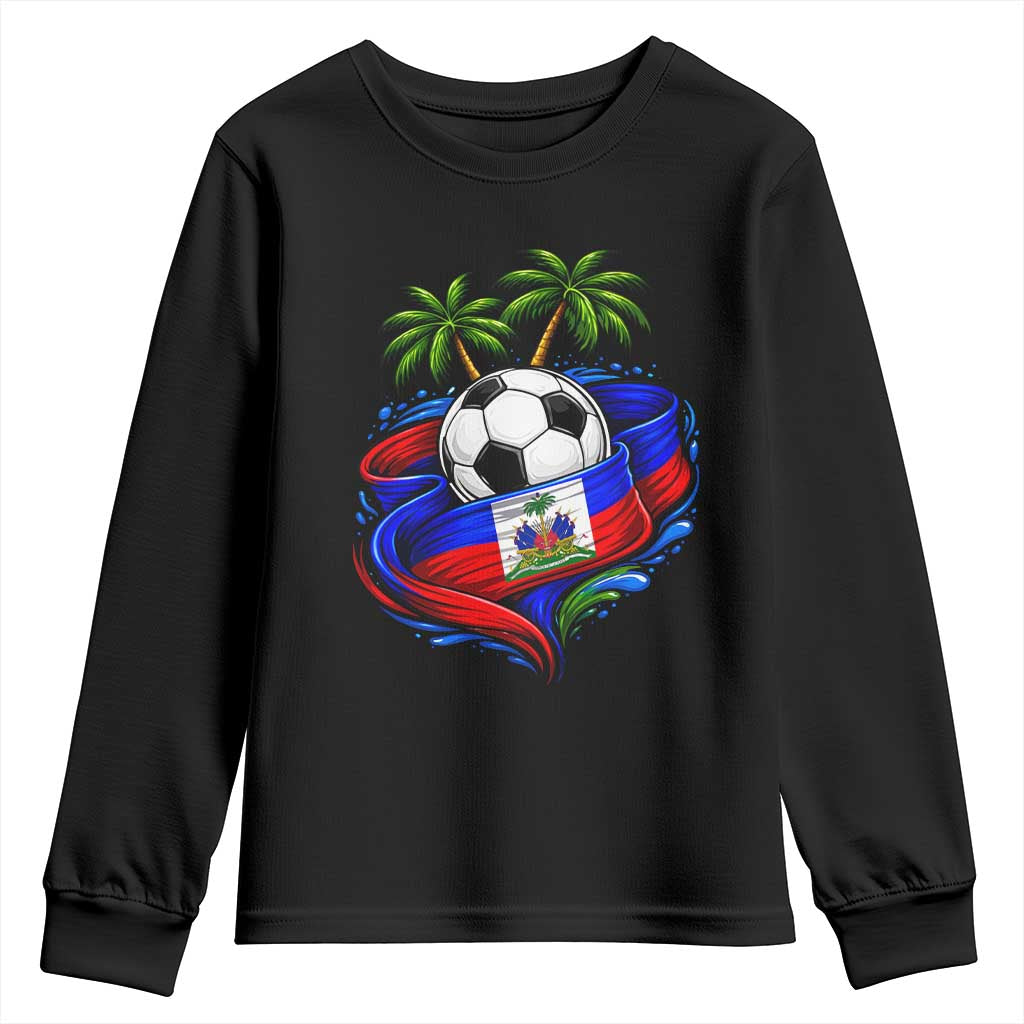 Haitian Flag Soccer Ball Graphic Youth Sweatshirt Tropical Palm Trees Caribbean Haiti Football Fans Pride TS02 Black Print Your Wear