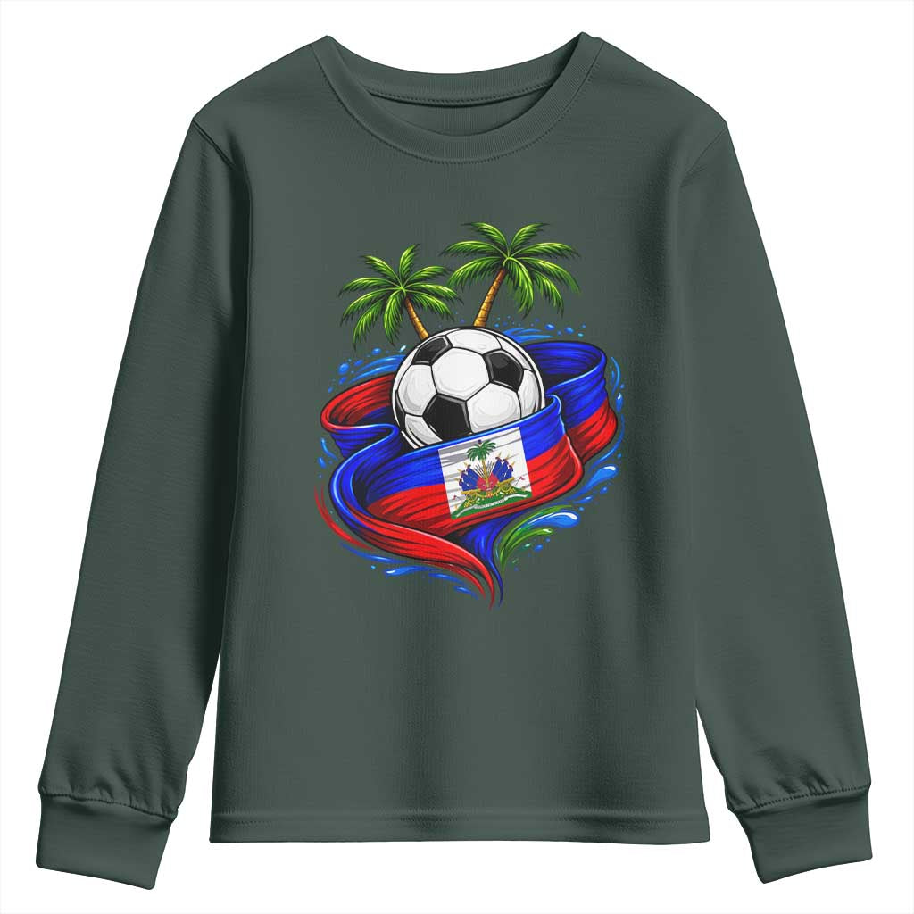 Haitian Flag Soccer Ball Graphic Youth Sweatshirt Tropical Palm Trees Caribbean Haiti Football Fans Pride
