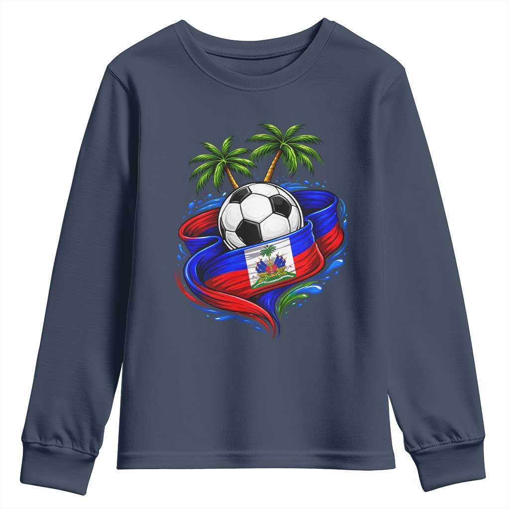 Haitian Flag Soccer Ball Graphic Youth Sweatshirt Tropical Palm Trees Caribbean Haiti Football Fans Pride
