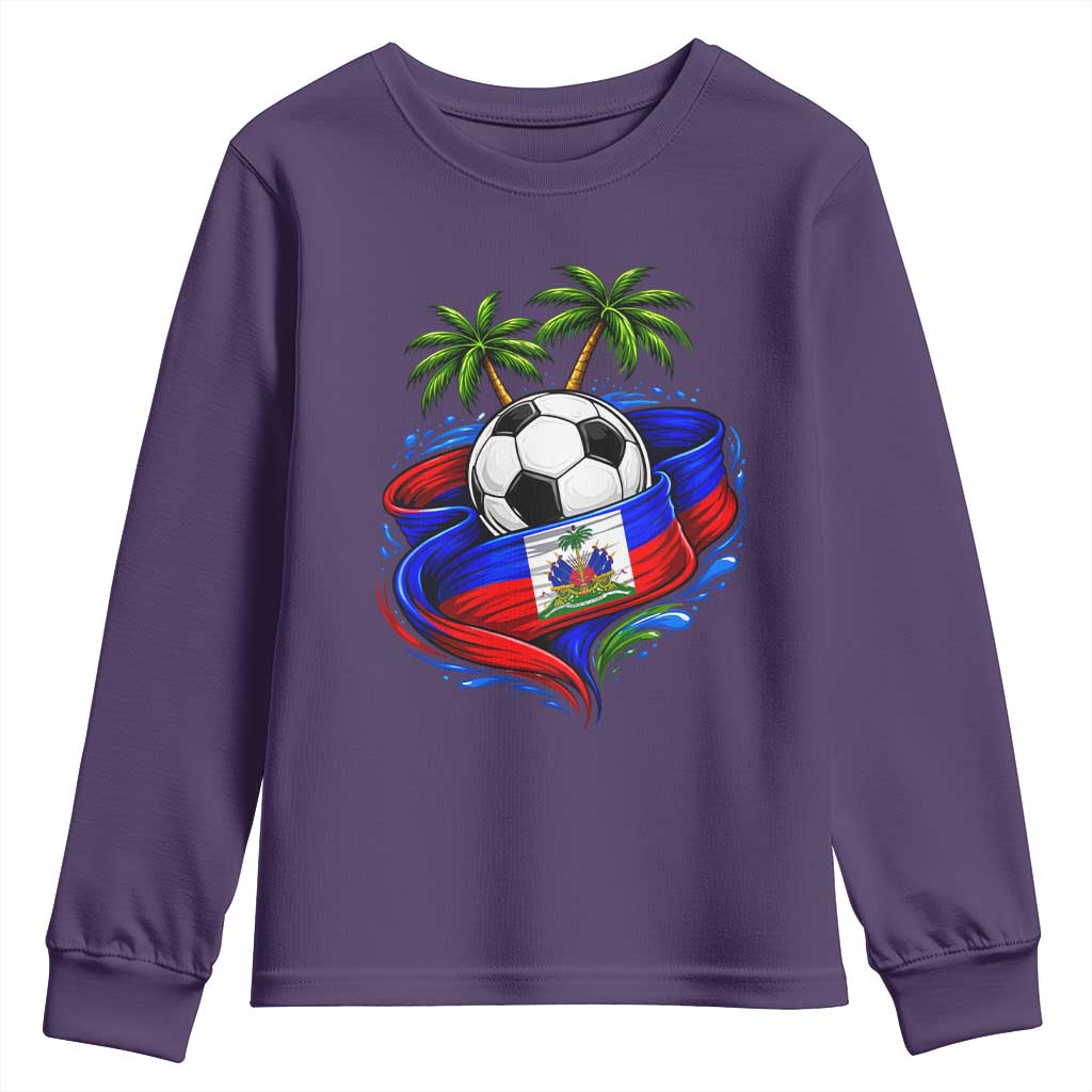Haitian Flag Soccer Ball Graphic Youth Sweatshirt Tropical Palm Trees Caribbean Haiti Football Fans Pride