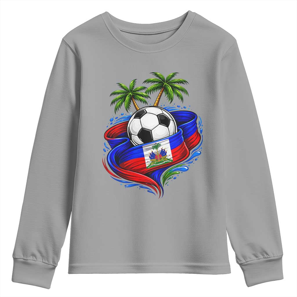 Haitian Flag Soccer Ball Graphic Youth Sweatshirt Tropical Palm Trees Caribbean Haiti Football Fans Pride
