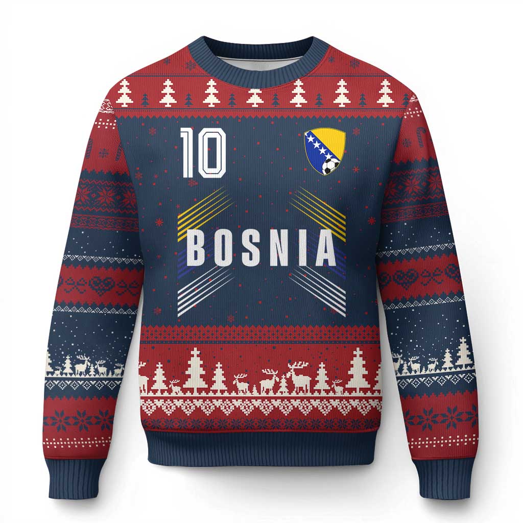 Bosnia Herzegovina Soccer Sports Graphic Number 10 Jersey Style Ugly Christmas Sweater Proud Bosnian Football Fans Game Day Pride TS02 Navy Red Print Your Wear