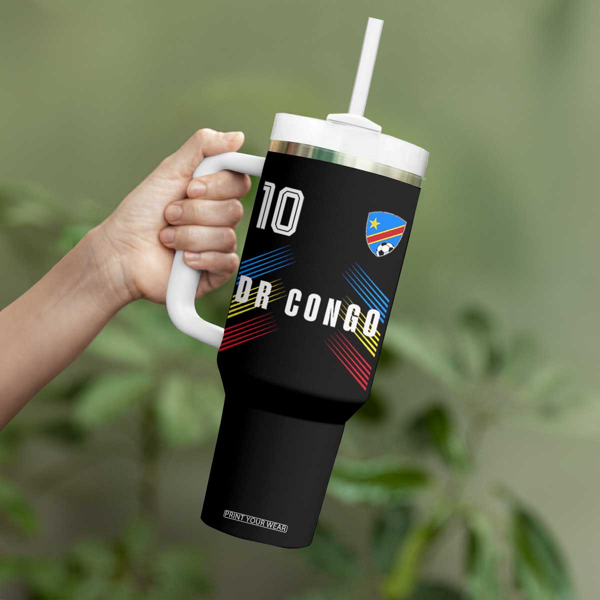 DR Congo Soccer Sports Graphic Number 10 Jersey Style Tumbler With Handle Proud Congolese Football Fans Game Day Pride