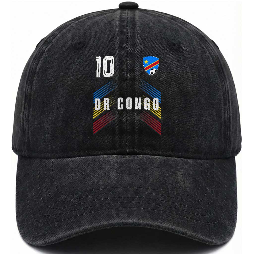 DR Congo Soccer Sports Graphic Number 10 Jersey Style Washed Cotton Baseball Cap Proud Congolese Football Fans Game Day Pride