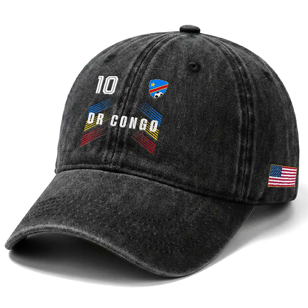 DR Congo Soccer Sports Graphic Number 10 Jersey Style Washed Cotton Baseball Cap Proud Congolese Football Fans Game Day Pride