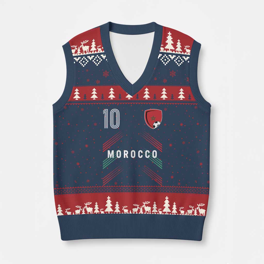 Morocco Soccer Sports Graphic Number 10 Jersey Style V-Neck Knit Sweater Vest Proud Moroccan Football Fans Game Day Maghreb Pride TS02 Navy Red Print Your Wear