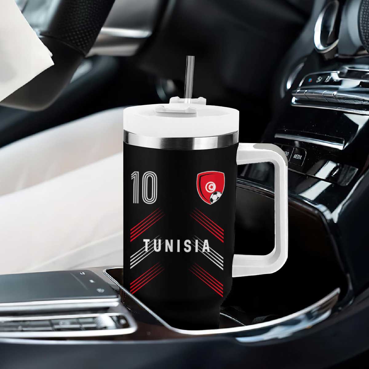 Tunisia Soccer Sports Graphic Number 10 Jersey Style Tumbler With Handle Proud Tunisian Football Fans Game Day Maghreb Pride