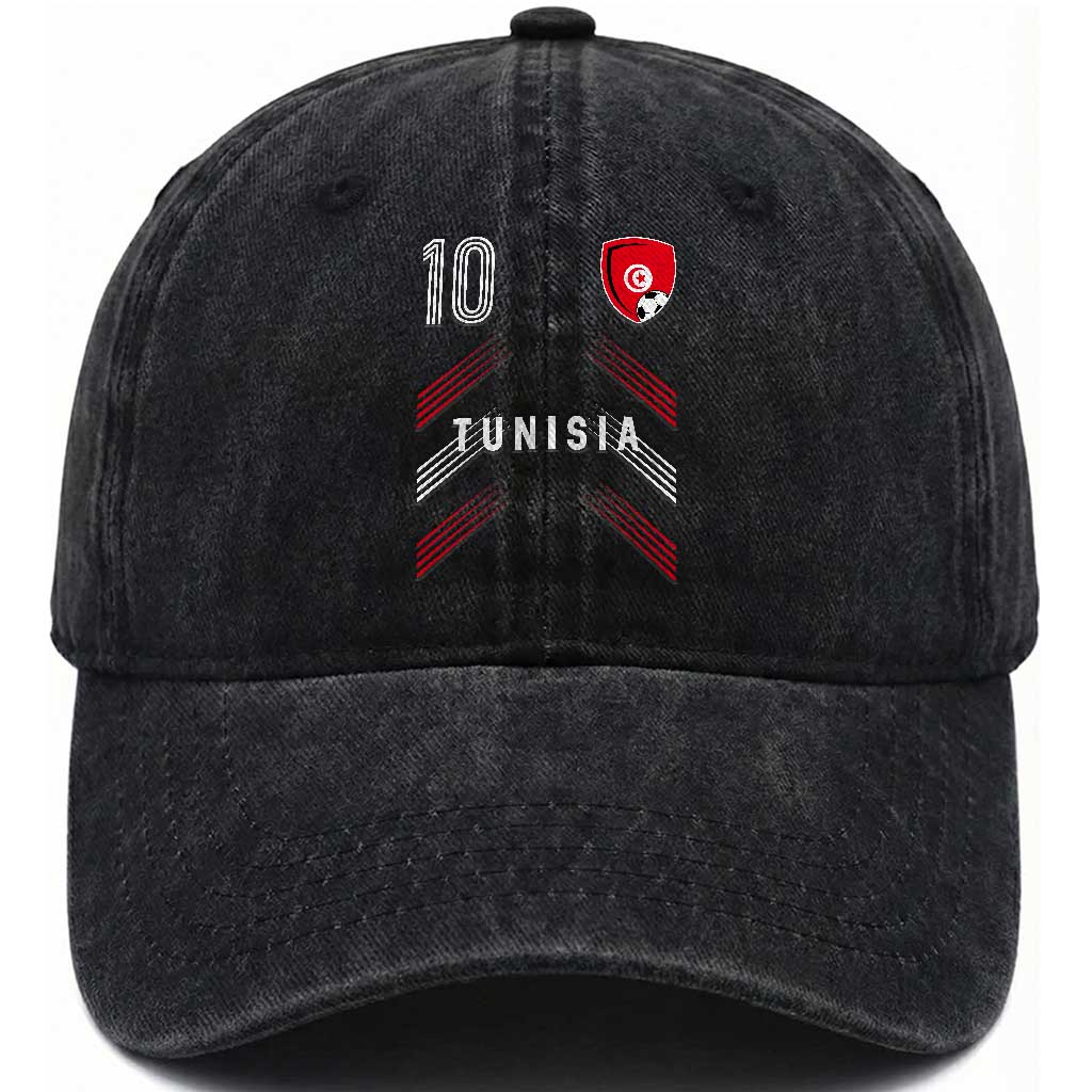 Tunisia Soccer Sports Graphic Number 10 Jersey Style Washed Cotton Baseball Cap Proud Tunisian Football Fans Game Day Maghreb Pride TS02 Print Your Wear