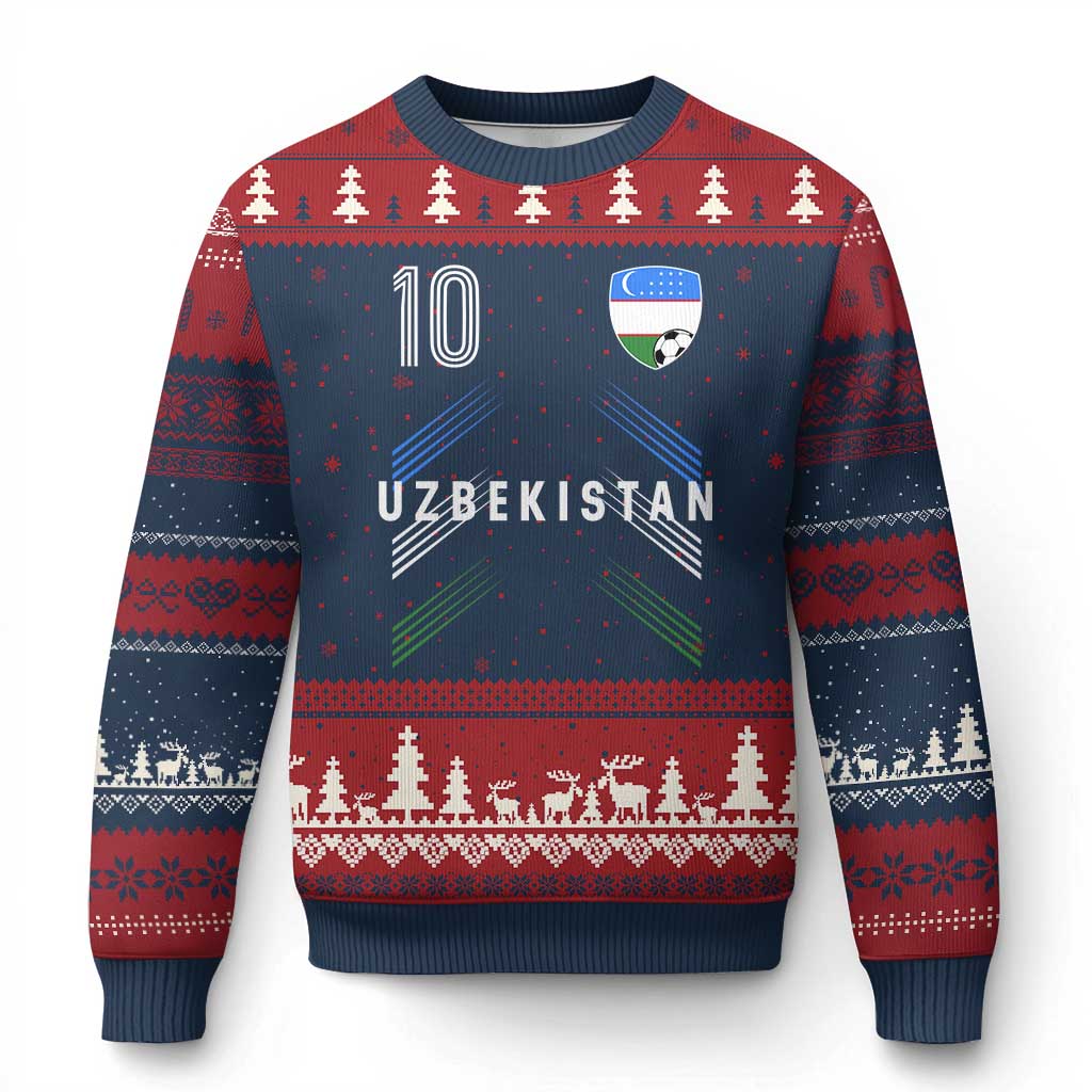 Uzbekistan Soccer Sports Graphic Number 10 Jersey Style Ugly Christmas Sweater Proud Uzbek Football Fans Game Day Pride TS02 Navy Red Print Your Wear