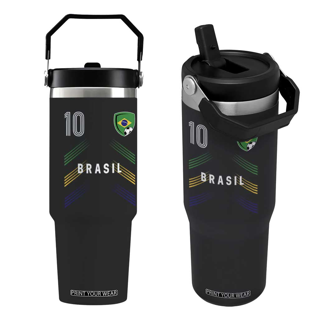 Brasil Number 10 Soccer Shield Graphic Jersey Style Flip Straw Tumbler Retro Futbol Football Fans Sports Lover