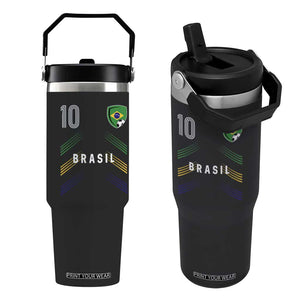 Brasil Number 10 Soccer Shield Graphic Jersey Style Flip Straw Tumbler Retro Futbol Football Fans Sports Lover