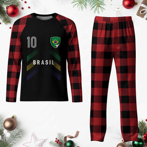 Brasil Number 10 Soccer Shield Graphic Jersey Style Plaid Pajama Set Retro Futbol Football Fans Sports Lover