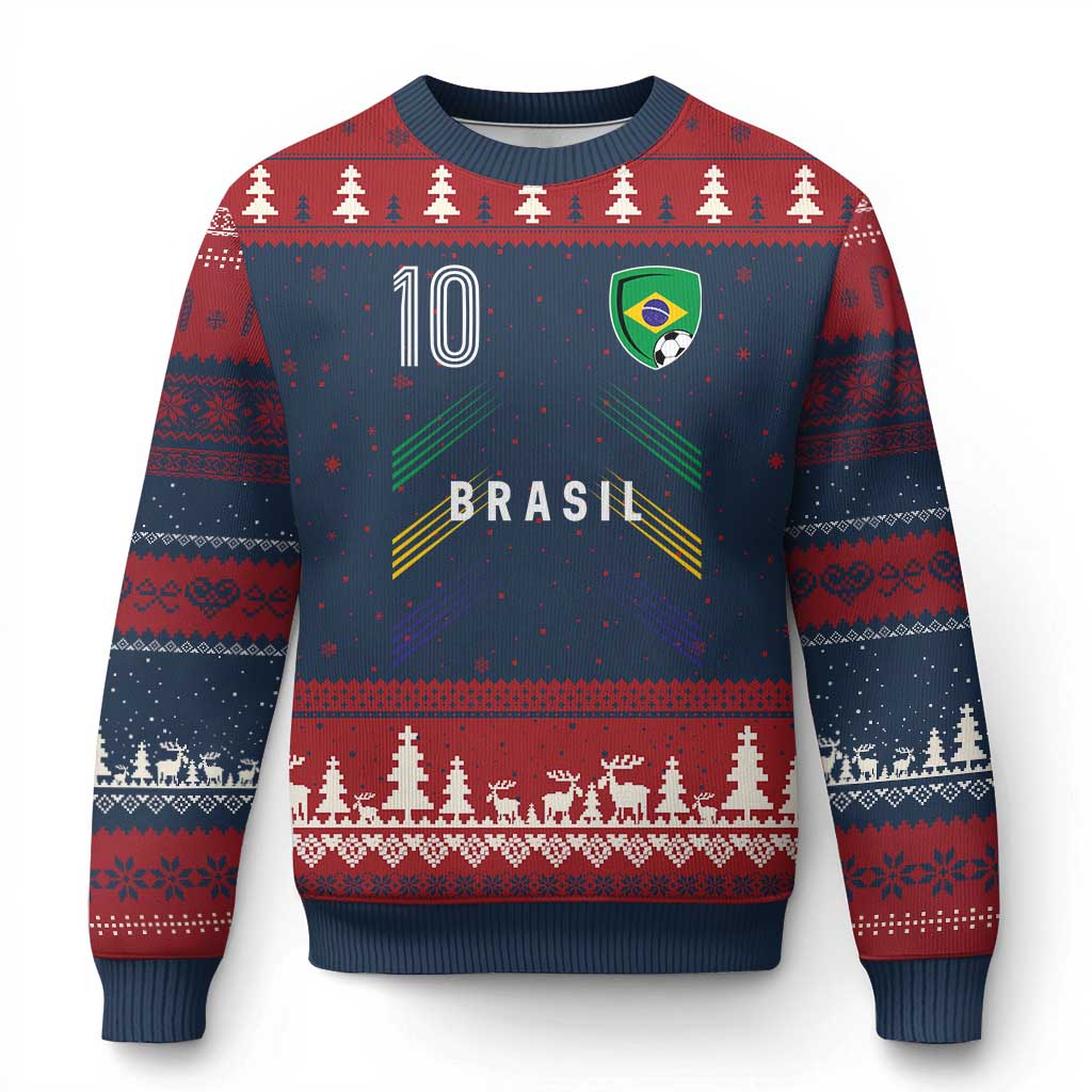 Brasil Number 10 Soccer Shield Graphic Jersey Style Ugly Christmas Sweater Retro Futbol Football Fans Sports Lover