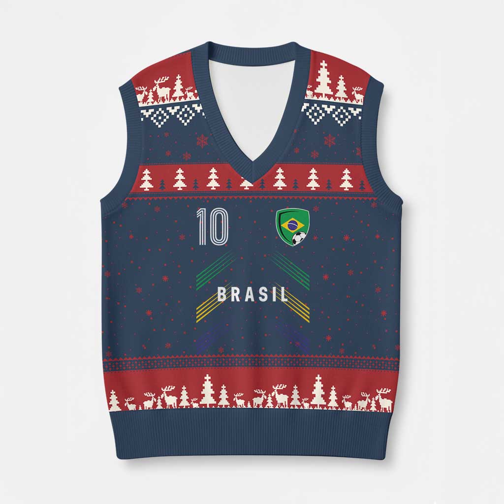 Brasil Number 10 Soccer Shield Graphic Jersey Style V-Neck Knit Sweater Vest Retro Futbol Football Fans Sports Lover