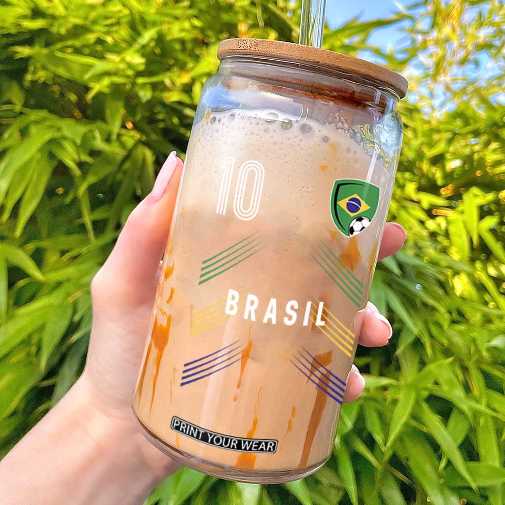 Brasil Number 10 Soccer Shield Graphic Jersey Style Glass Can Retro Futbol Football Fans Sports Lover