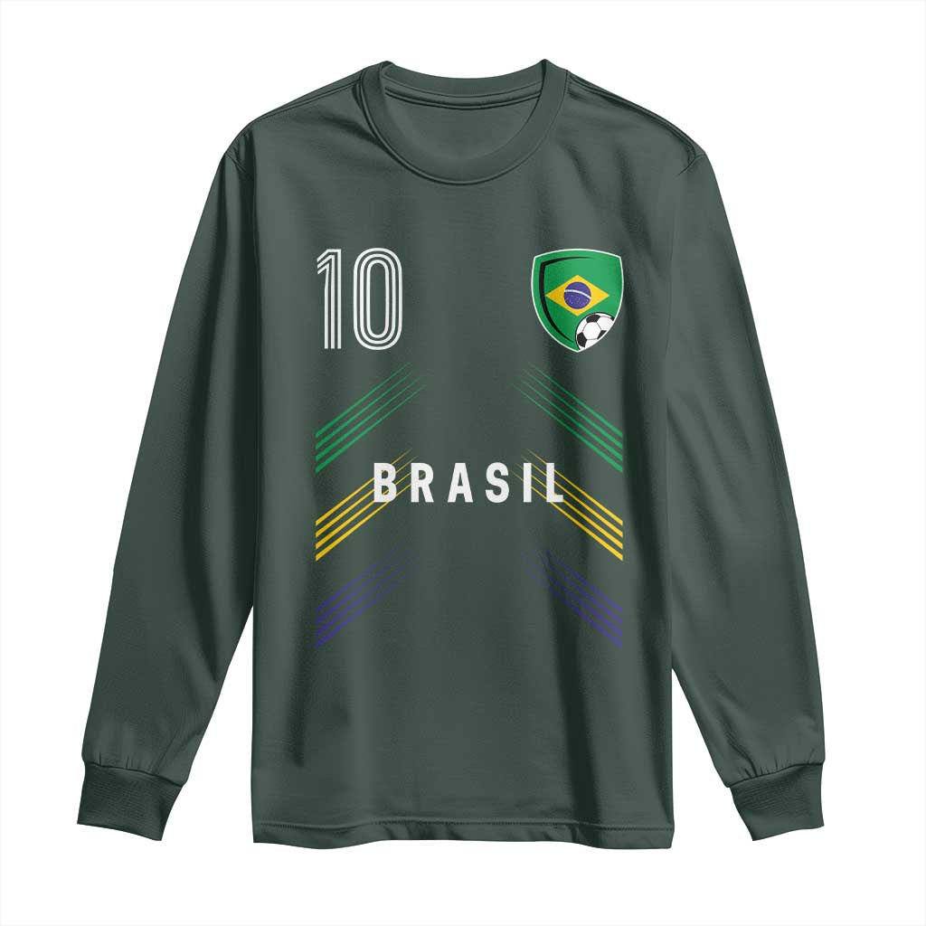 Brasil Number 10 Soccer Shield Graphic Jersey Style Long Sleeve Shirt Retro Futbol Football Fans Sports Lover