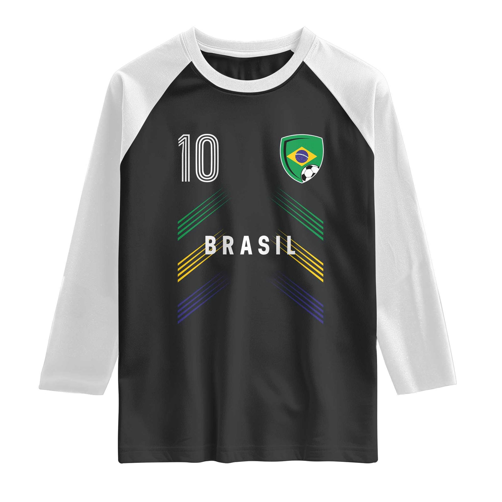 Brasil Number 10 Soccer Shield Graphic Jersey Style Raglan Shirt Retro Futbol Football Fans Sports Lover TS02 Black White Print Your Wear