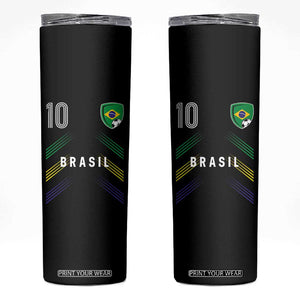 Brasil Number 10 Soccer Shield Graphic Jersey Style Skinny Tumbler Retro Futbol Football Fans Sports Lover