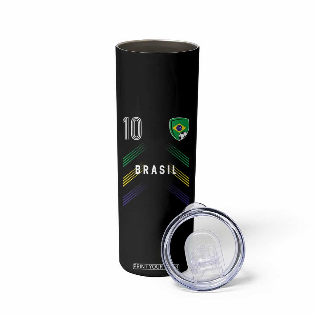Brasil Number 10 Soccer Shield Graphic Jersey Style Skinny Tumbler Retro Futbol Football Fans Sports Lover