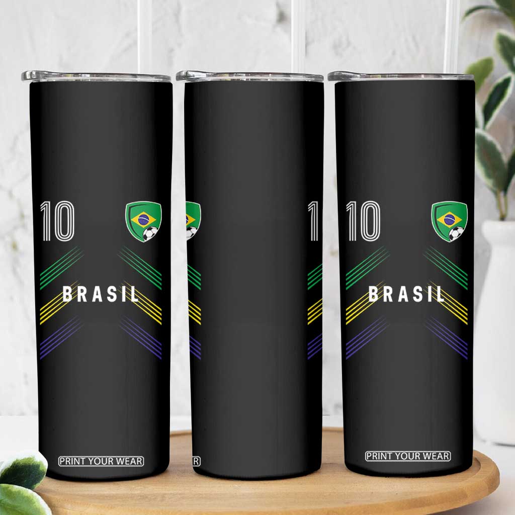 Brasil Number 10 Soccer Shield Graphic Jersey Style Skinny Tumbler Retro Futbol Football Fans Sports Lover