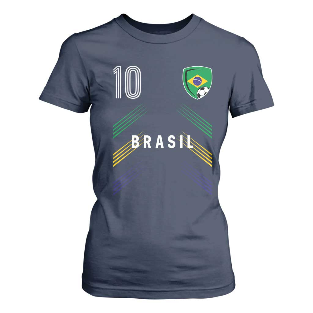 Brasil Number 10 Soccer Shield Graphic Jersey Style T Shirt For Women Retro Futbol Football Fans Sports Lover