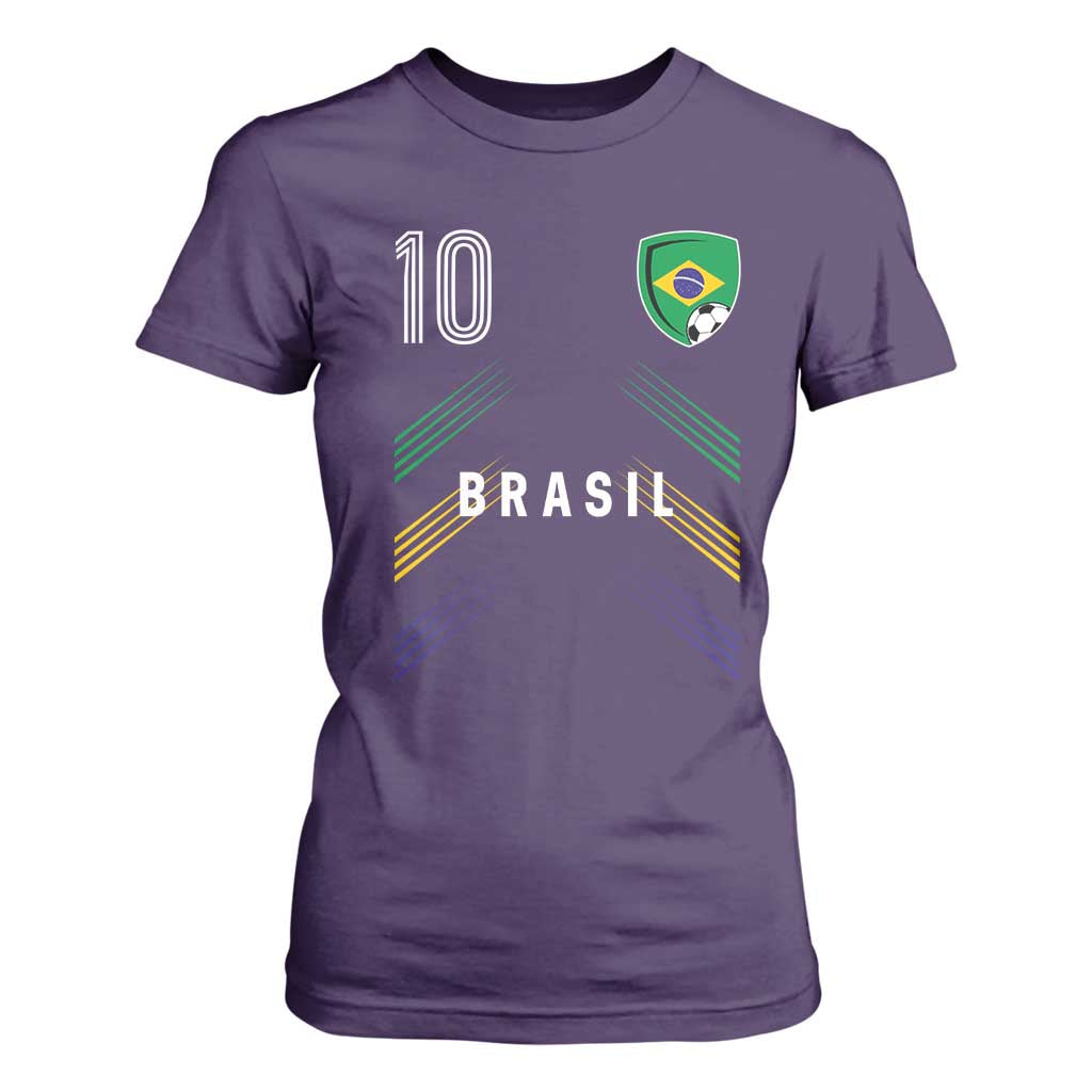 Brasil Number 10 Soccer Shield Graphic Jersey Style T Shirt For Women Retro Futbol Football Fans Sports Lover
