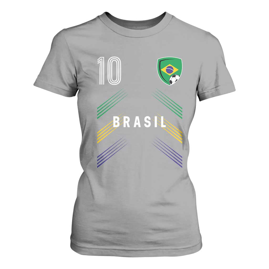 Brasil Number 10 Soccer Shield Graphic Jersey Style T Shirt For Women Retro Futbol Football Fans Sports Lover