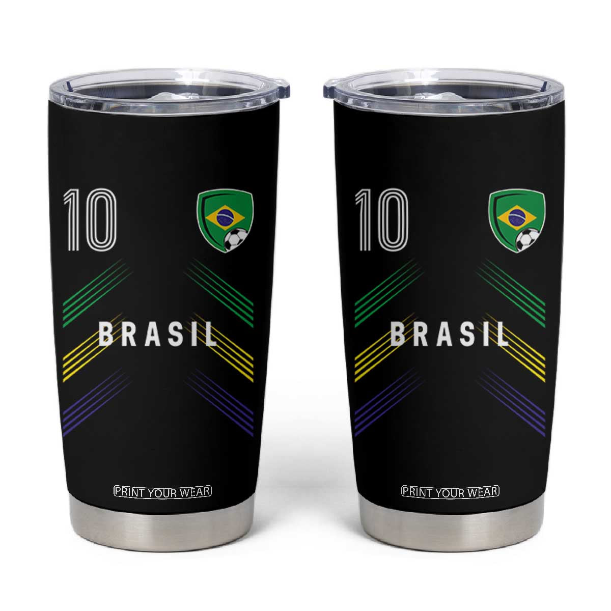Brasil Number 10 Soccer Shield Graphic Jersey Style Tumbler Cup Retro Futbol Football Fans Sports Lover