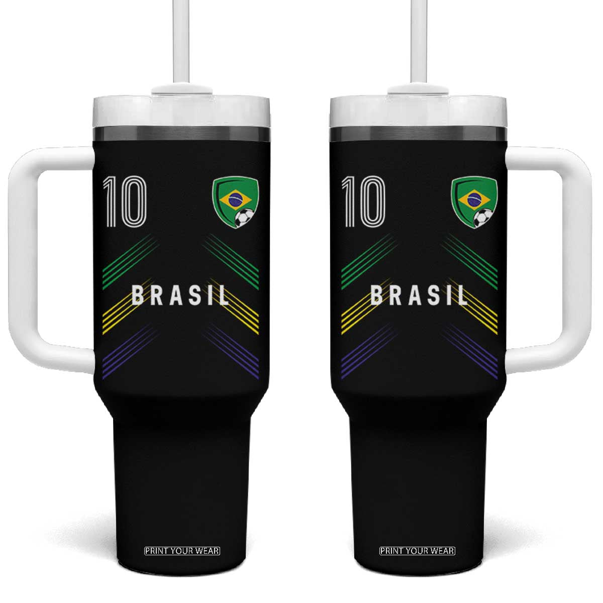 Brasil Number 10 Soccer Shield Graphic Jersey Style Tumbler With Handle Retro Futbol Football Fans Sports Lover